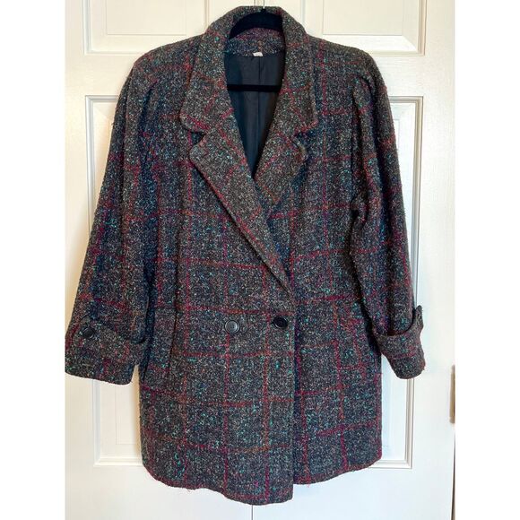Vintage 80s Wool Blend Tweed Plaid Peacoat Double Breasted Coat Gray Red Size 16 - Picture 1 of 11